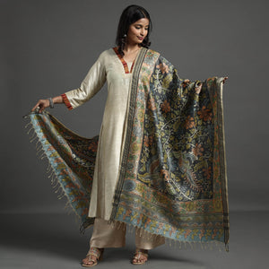 Black - Pure Tussar Silk Pen Work Srikalahasti Kalamkari Dupatta with Dobby Border