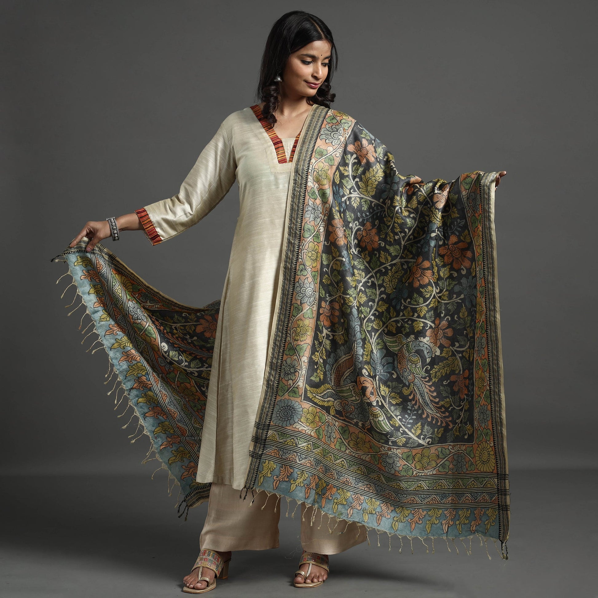 Black - Pure Tussar Silk Pen Work Srikalahasti Kalamkari Dupatta with Dobby Border