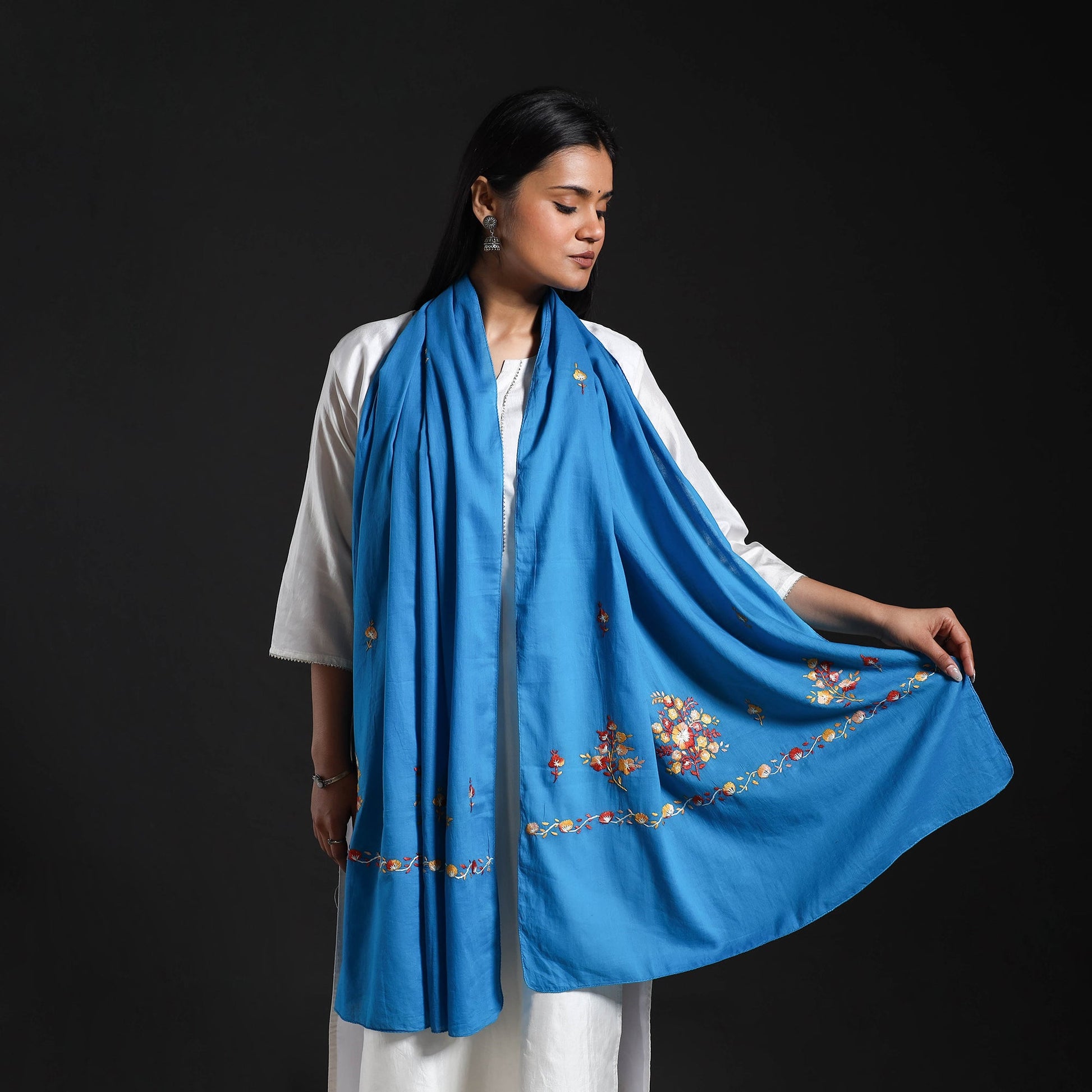 Blue - Cotton Kashida Embroidery Stole 19