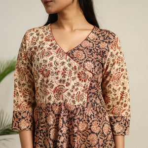 Black - Pedana Block Print Cotton Flared Kalamkari Dress 01