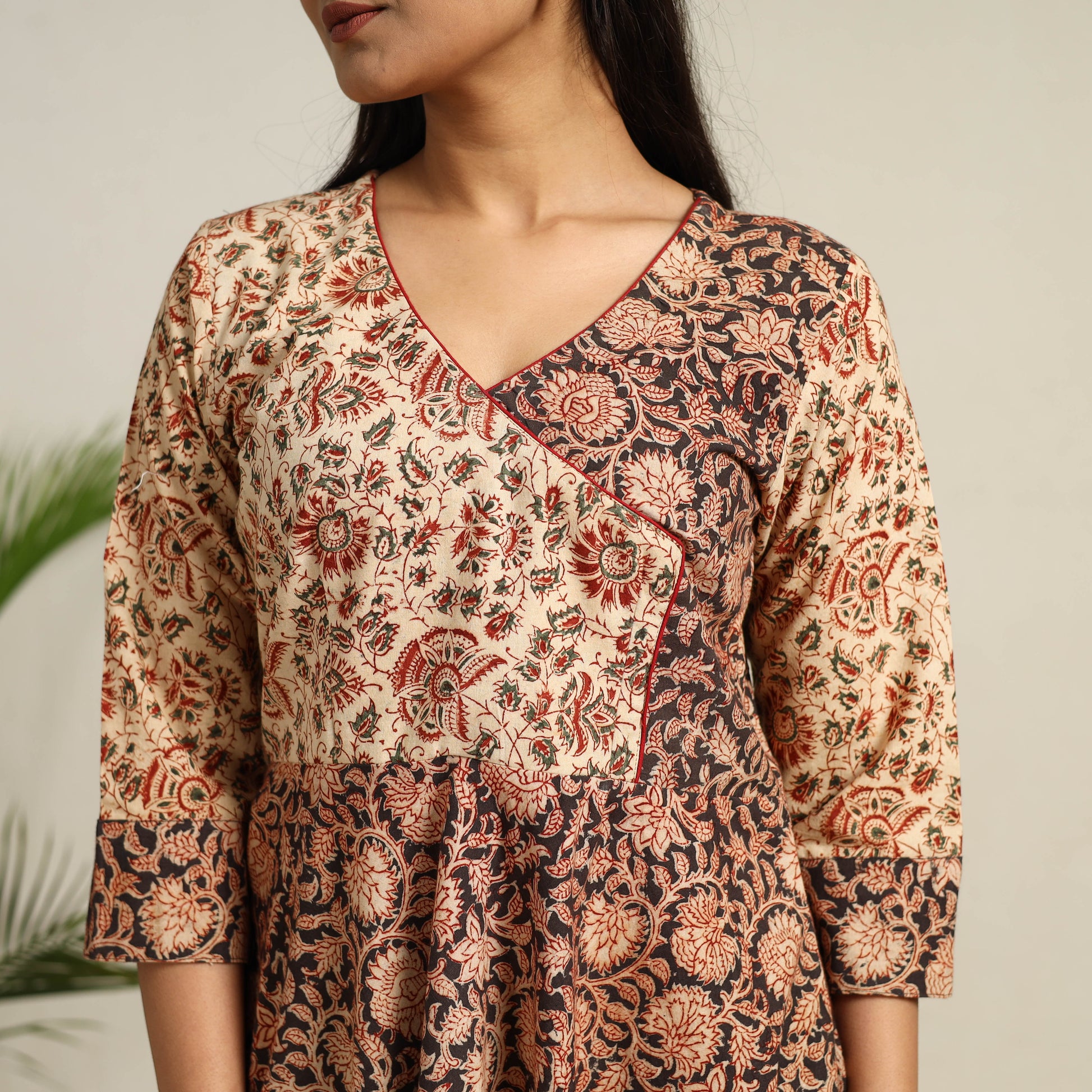 Black - Pedana Block Print Cotton Flared Kalamkari Dress 01
