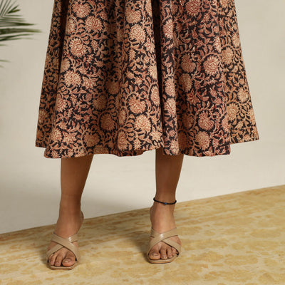 Black - Pedana Block Print Cotton Flared Kalamkari Dress 01