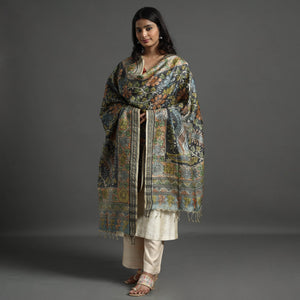 Black - Pure Tussar Silk Pen Work Srikalahasti Kalamkari Dupatta with Dobby Border