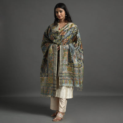 Black - Pure Tussar Silk Pen Work Srikalahasti Kalamkari Dupatta with Dobby Border