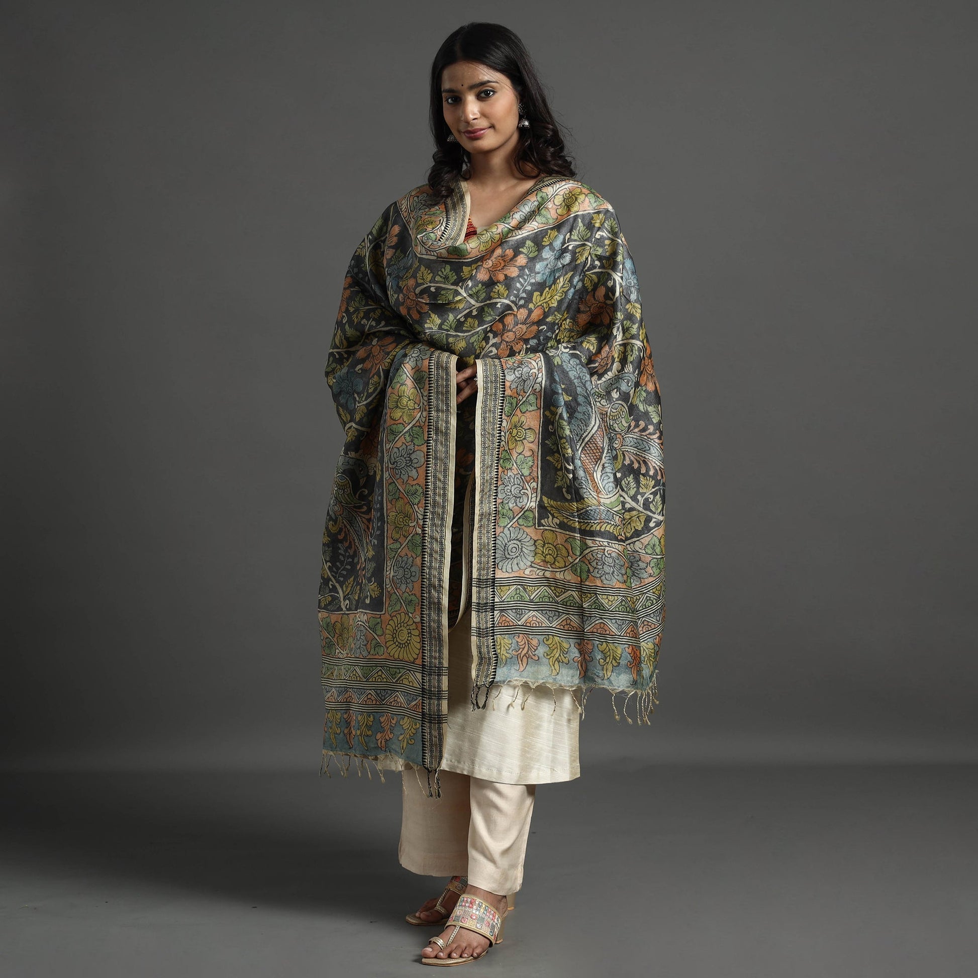 Black - Pure Tussar Silk Pen Work Srikalahasti Kalamkari Dupatta with Dobby Border