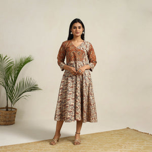 Beige - Pedana Block Print Cotton Flared Kalamkari Dress 05