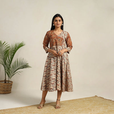 Beige - Pedana Block Print Cotton Flared Kalamkari Dress 05