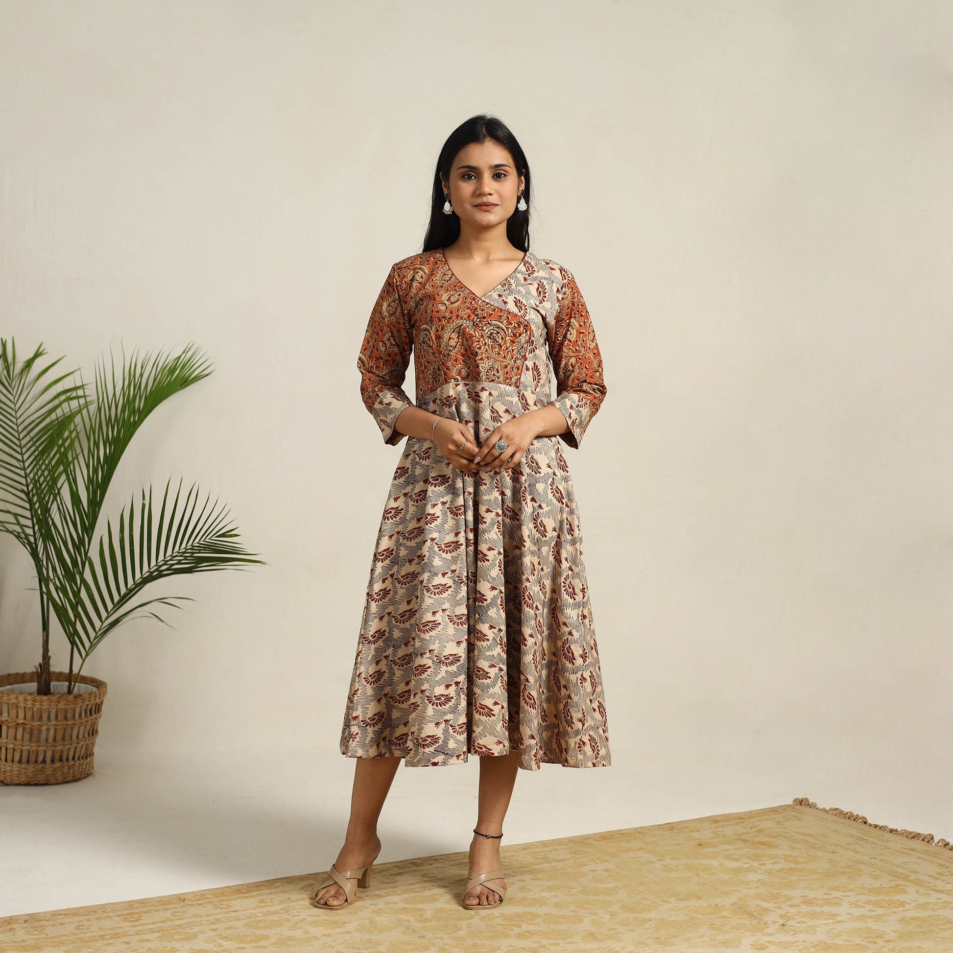 Beige - Pedana Block Print Cotton Flared Kalamkari Dress 05
