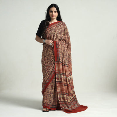 Brown - Block Printed Mul Cotton Ajrakh Saree