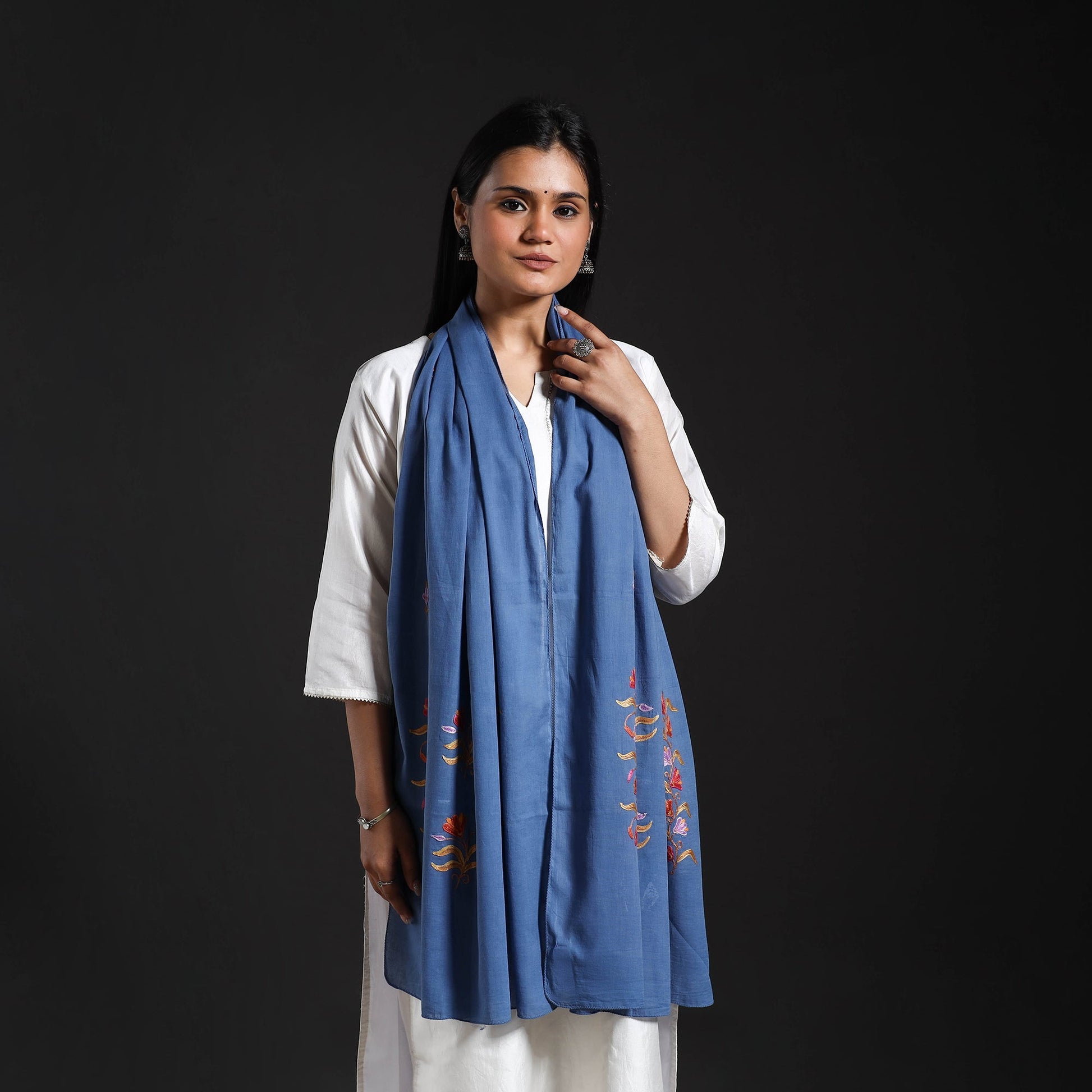 Blue - Cotton Kashida Embroidery Stole 18