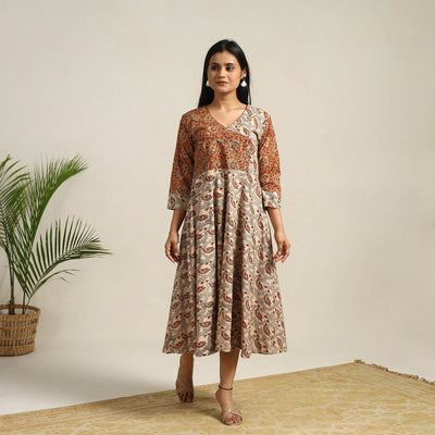 Beige - Pedana Block Print Cotton Flared Kalamkari Dress 05