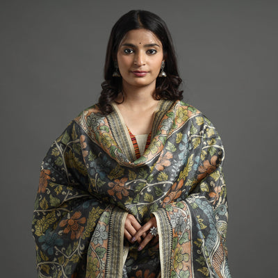Black - Pure Tussar Silk Pen Work Srikalahasti Kalamkari Dupatta with Dobby Border