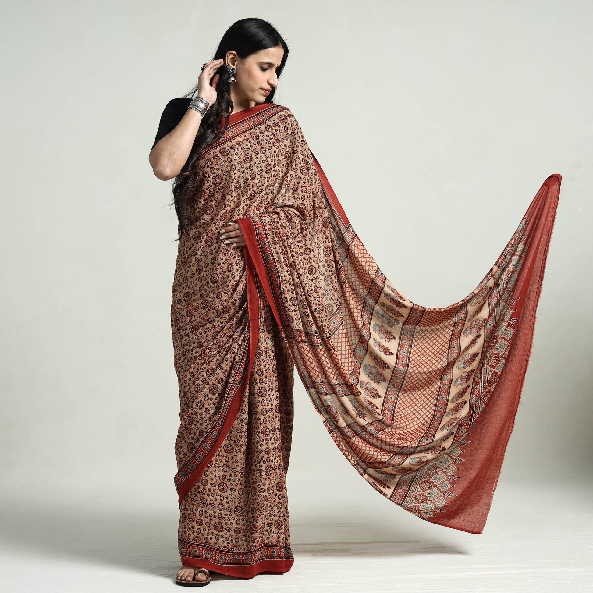 Brown - Block Printed Mul Cotton Ajrakh Saree