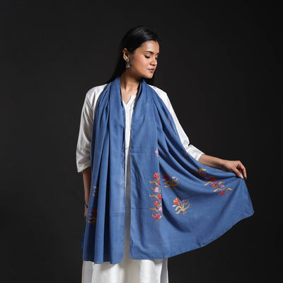Blue - Cotton Kashida Embroidery Stole 18
