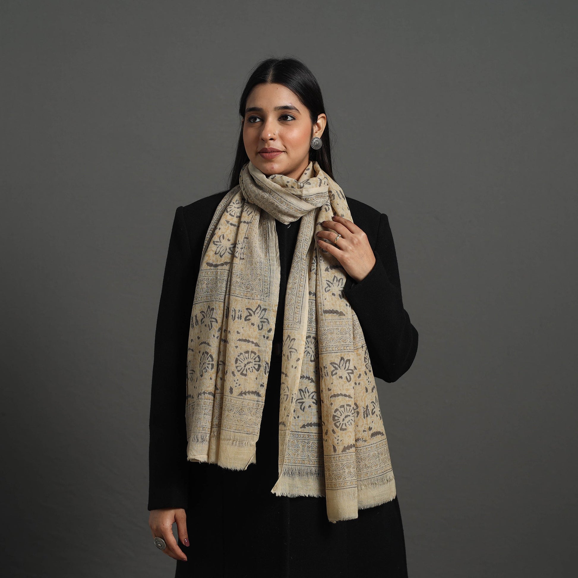 Beige - Block Print Pedana Kalamkari Wool Stole 39