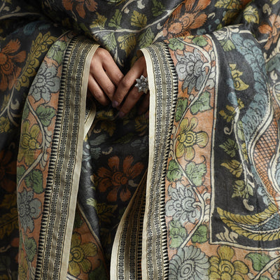 Black - Pure Tussar Silk Pen Work Srikalahasti Kalamkari Dupatta with Dobby Border