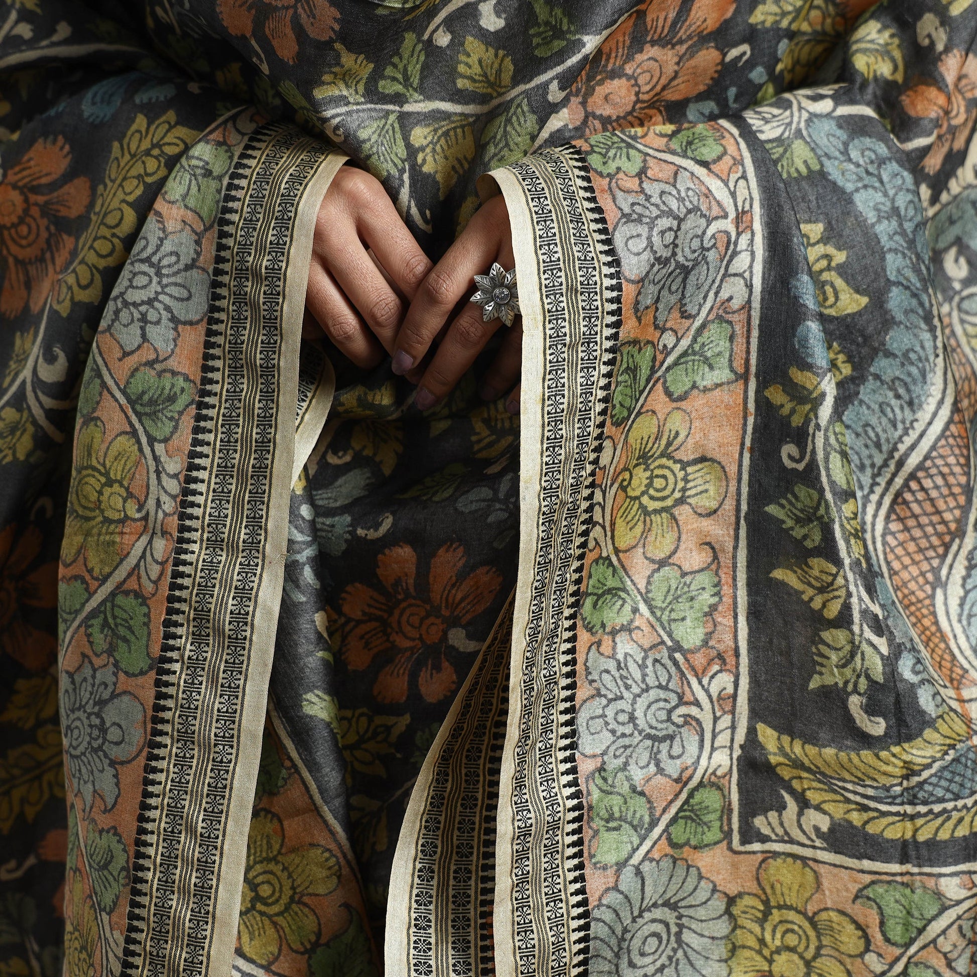 Black - Pure Tussar Silk Pen Work Srikalahasti Kalamkari Dupatta with Dobby Border