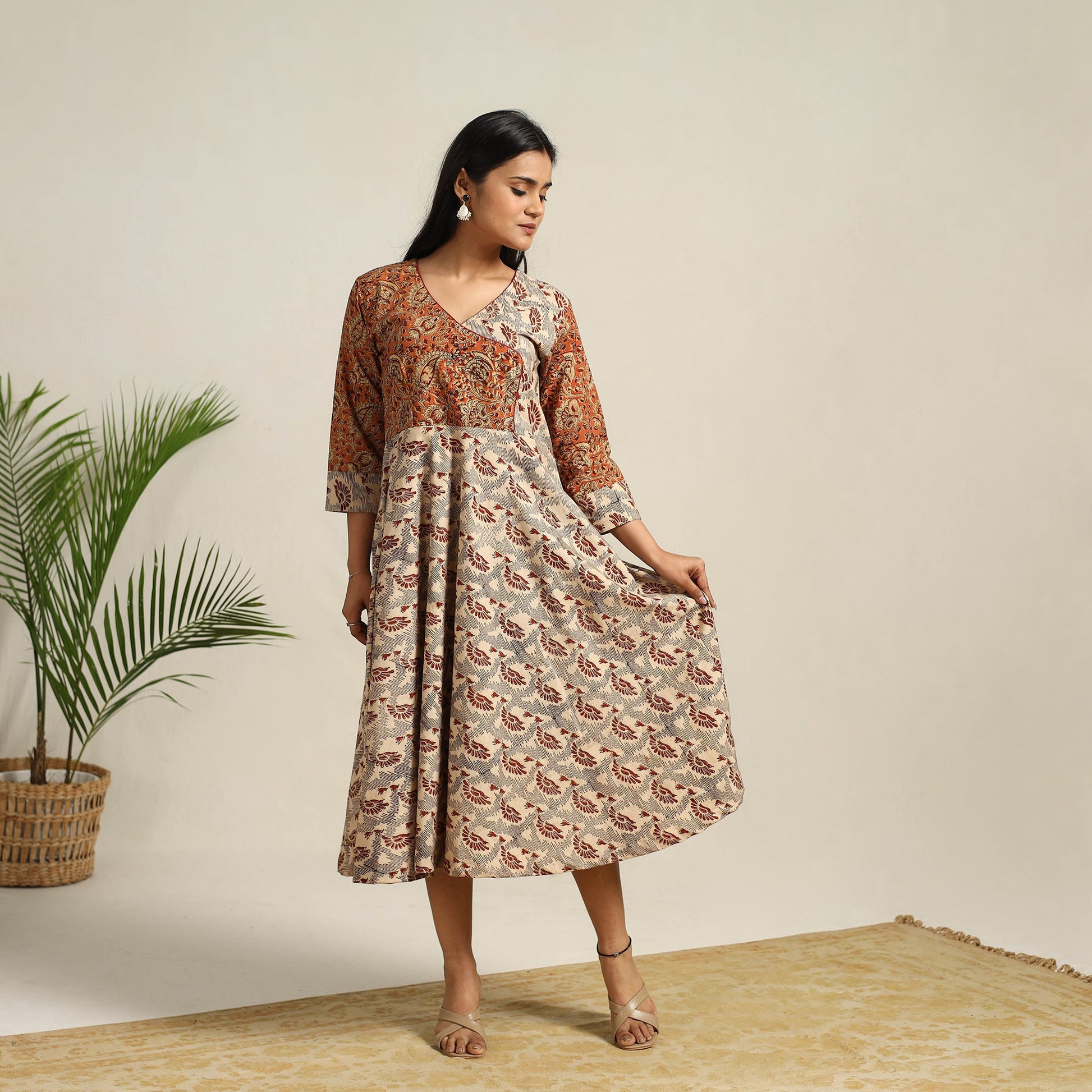 Beige - Pedana Block Print Cotton Flared Kalamkari Dress 05