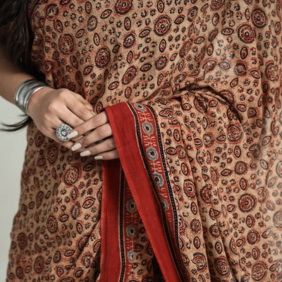 Brown - Block Printed Mul Cotton Ajrakh Saree