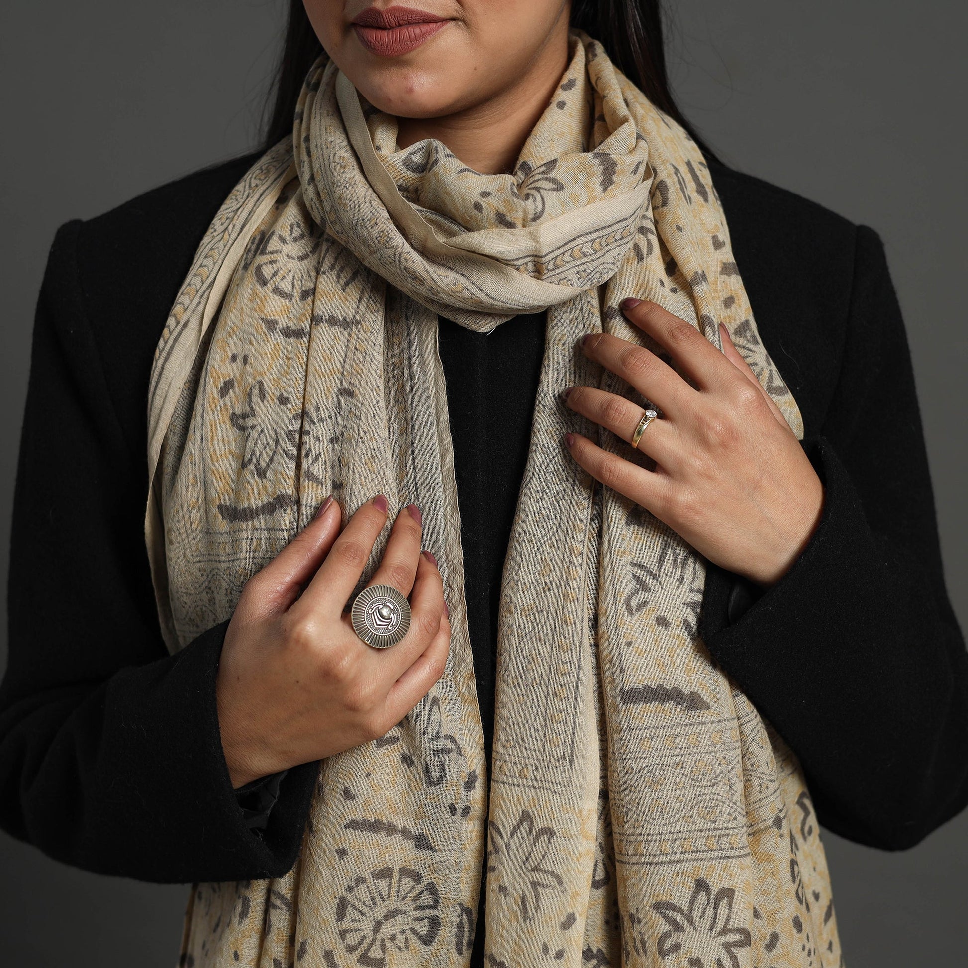 Beige - Block Print Pedana Kalamkari Wool Stole 39