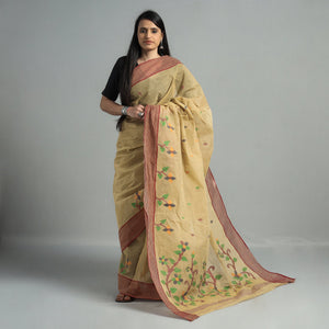 Brown - Handloom Burdwan Jamdani Cotton Saree