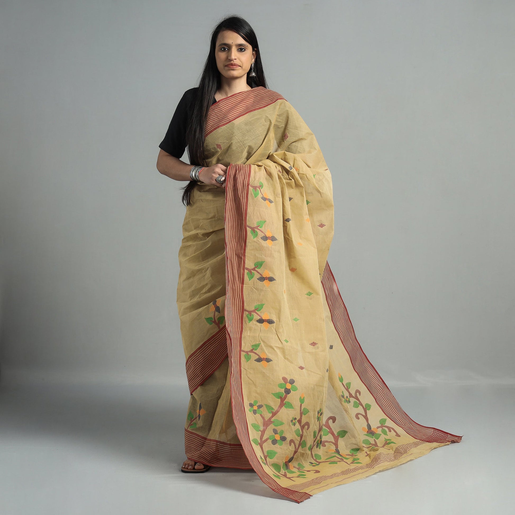 Brown - Handloom Burdwan Jamdani Cotton Saree