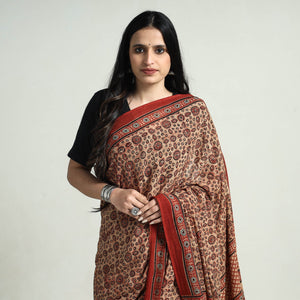 Brown - Block Printed Mul Cotton Ajrakh Saree