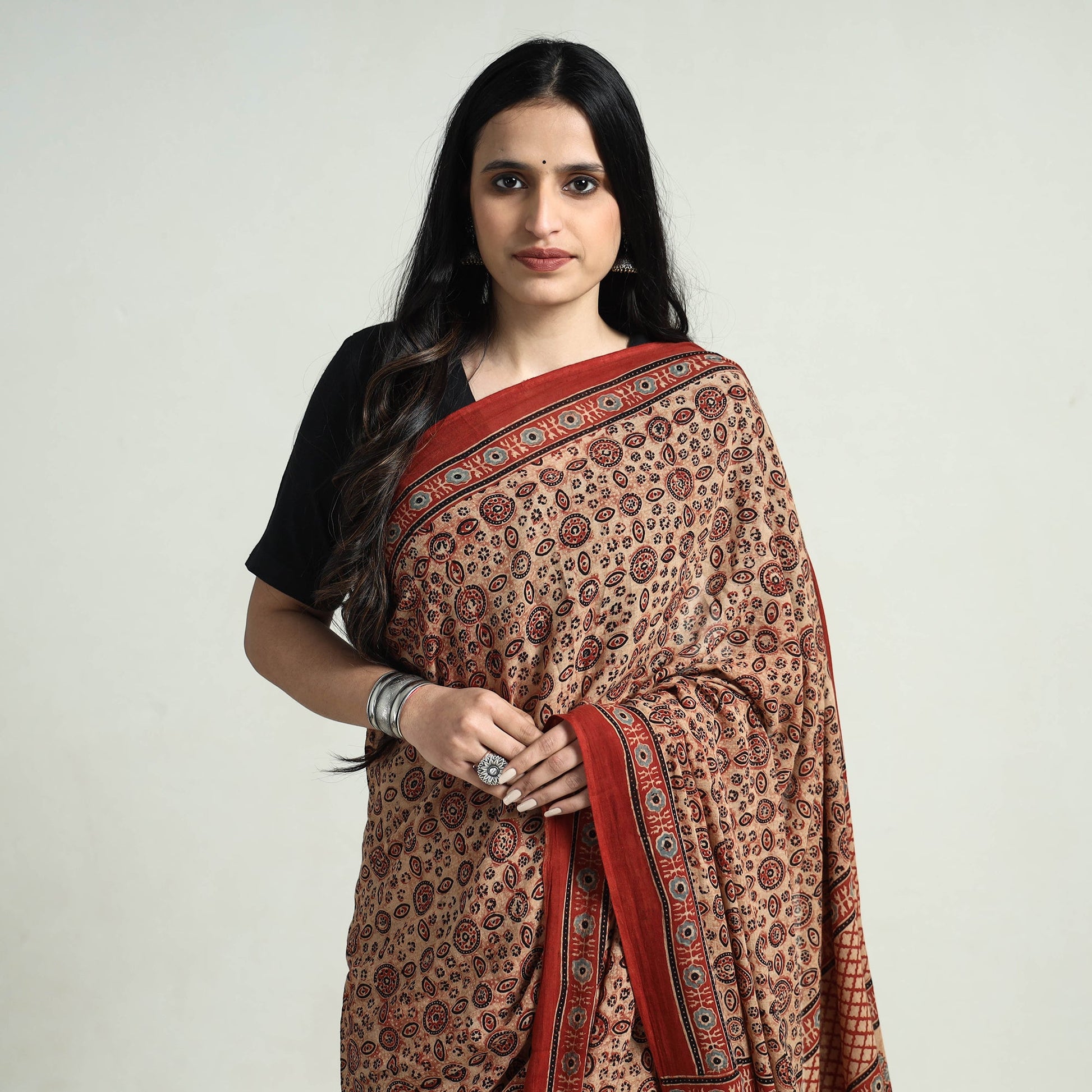 Brown - Block Printed Mul Cotton Ajrakh Saree