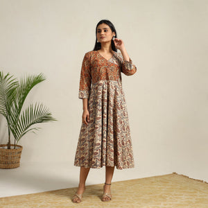 Beige - Pedana Block Print Cotton Flared Kalamkari Dress 05