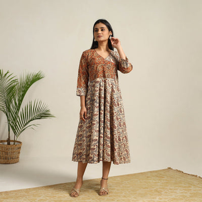 Beige - Pedana Block Print Cotton Flared Kalamkari Dress 05
