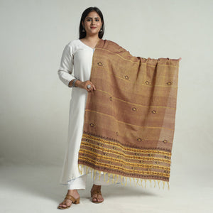 Brown - Bengal Kantha Embroidery Khes Handwoven Cotton Dupatta with Tassels 135