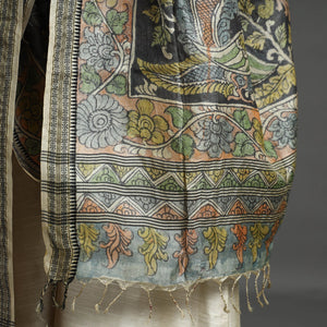 Black - Pure Tussar Silk Pen Work Srikalahasti Kalamkari Dupatta with Dobby Border