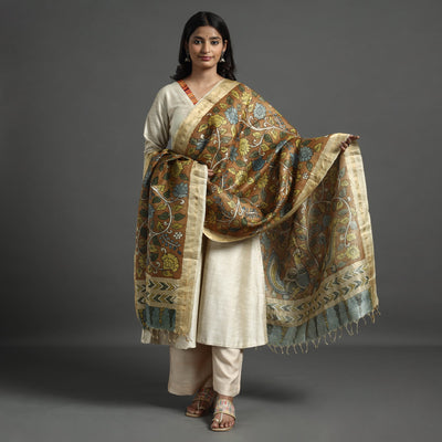 Brown - Pure Tussar Silk Pen Work Srikalahasti Kalamkari Dupatta with Dobby Border