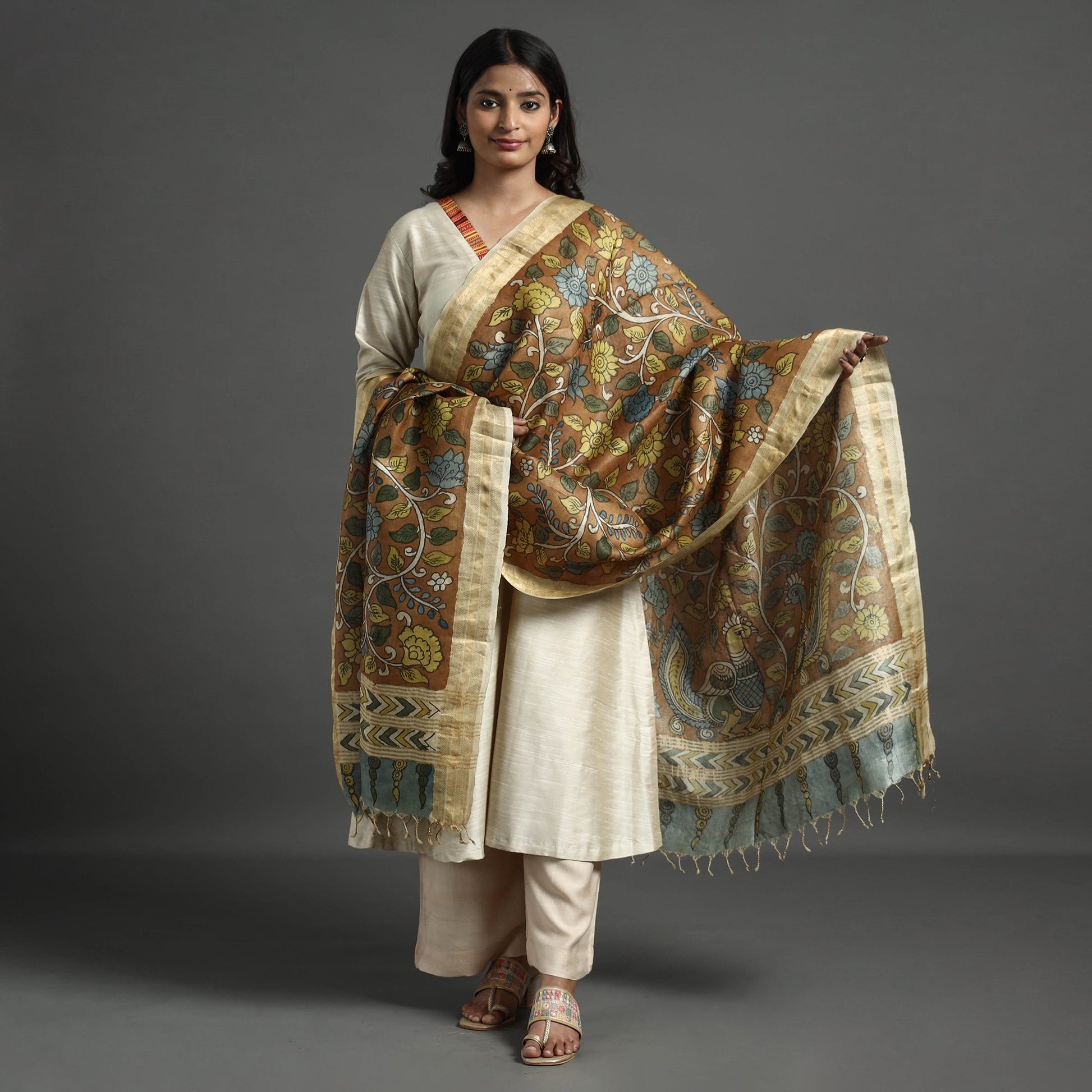Brown - Pure Tussar Silk Pen Work Srikalahasti Kalamkari Dupatta with Dobby Border