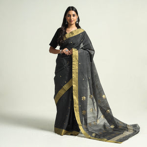 Black - Traditional Chanderi Silk Handloom Saree with Zari Border & Buta
