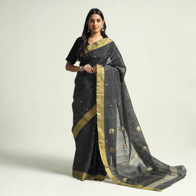 Black - Traditional Chanderi Silk Handloom Saree with Zari Border & Buta