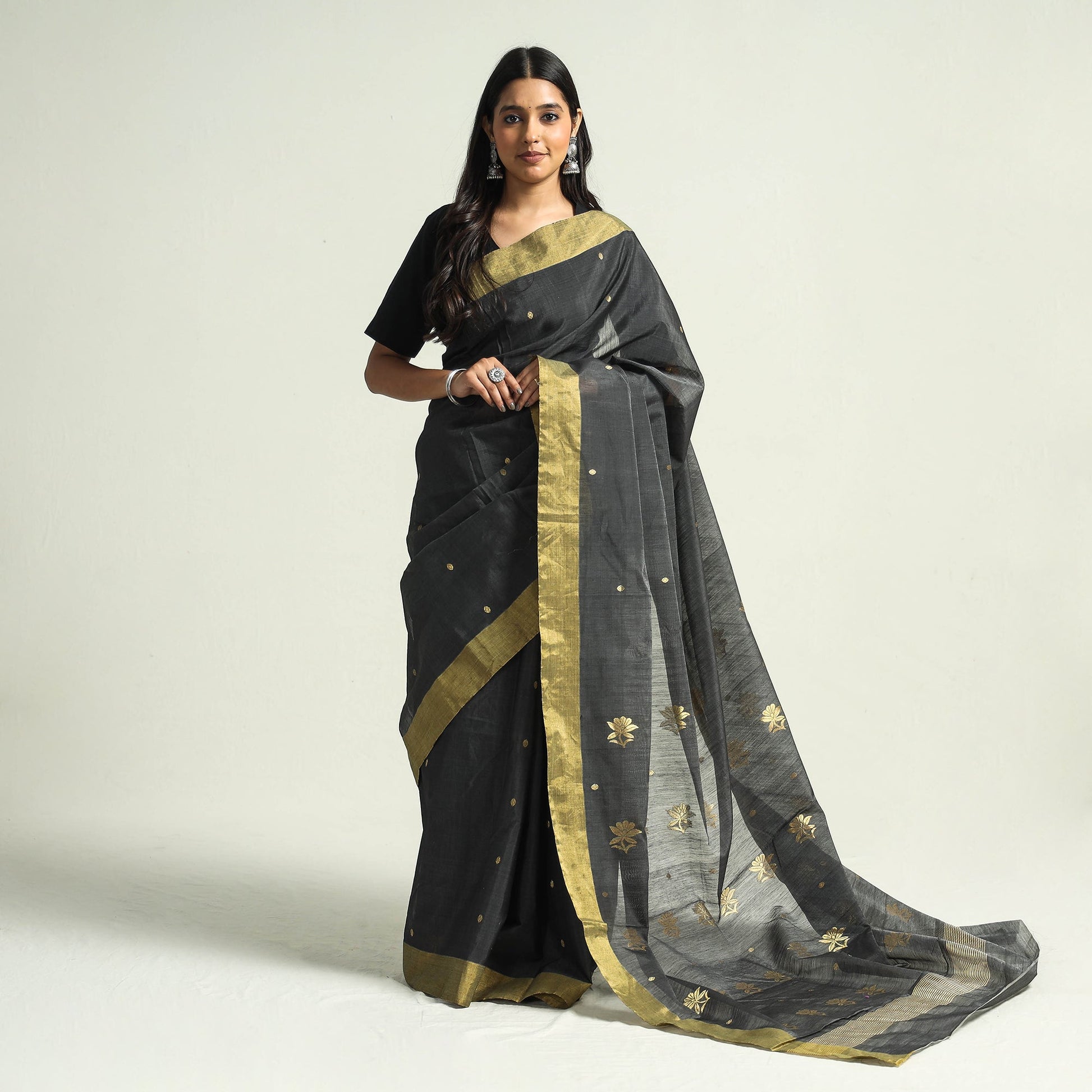 Black - Traditional Chanderi Silk Handloom Saree with Zari Border & Buta