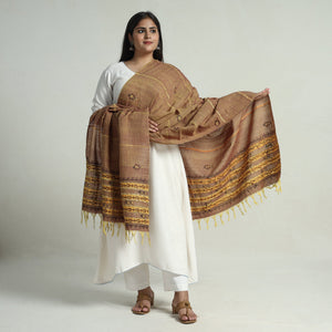 Brown - Bengal Kantha Embroidery Khes Handwoven Cotton Dupatta with Tassels 135