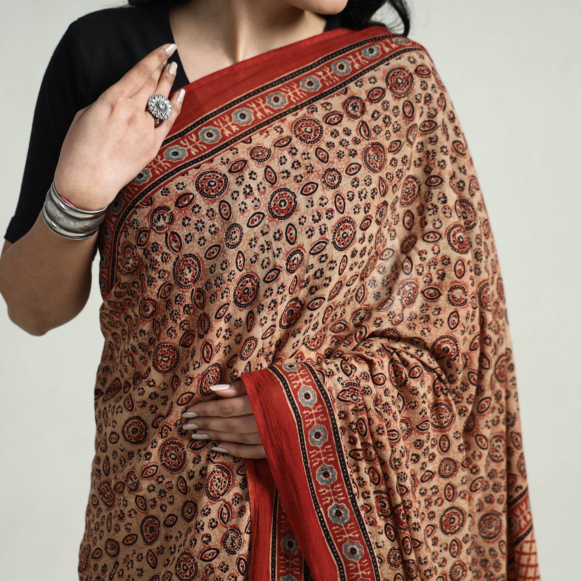 Brown - Block Printed Mul Cotton Ajrakh Saree