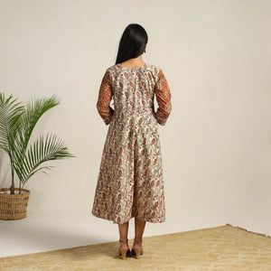Beige - Pedana Block Print Cotton Flared Kalamkari Dress 05