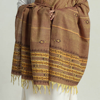 Brown - Bengal Kantha Embroidery Khes Handwoven Cotton Dupatta with Tassels 135