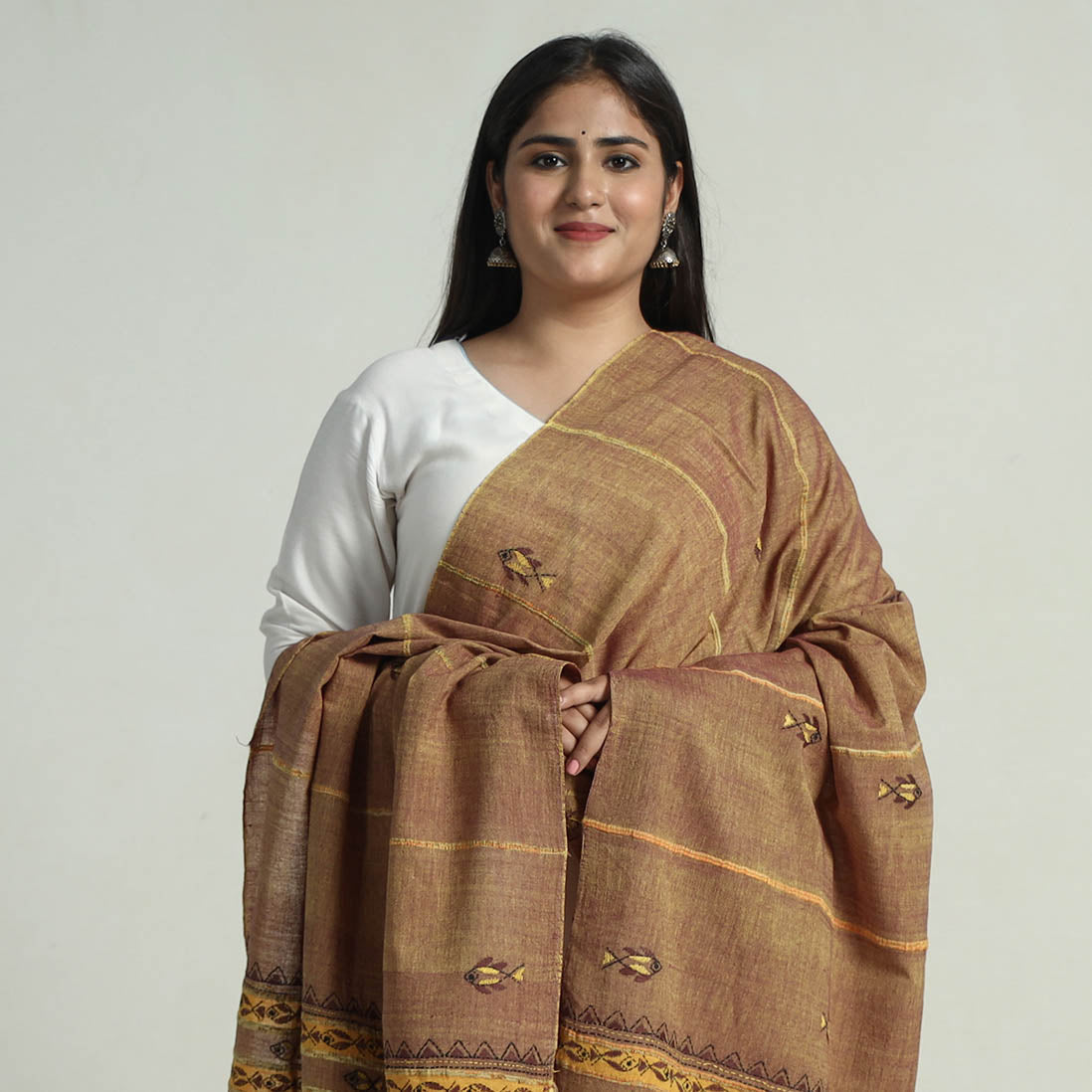 Brown - Bengal Kantha Embroidery Khes Handwoven Cotton Dupatta with Tassels 135