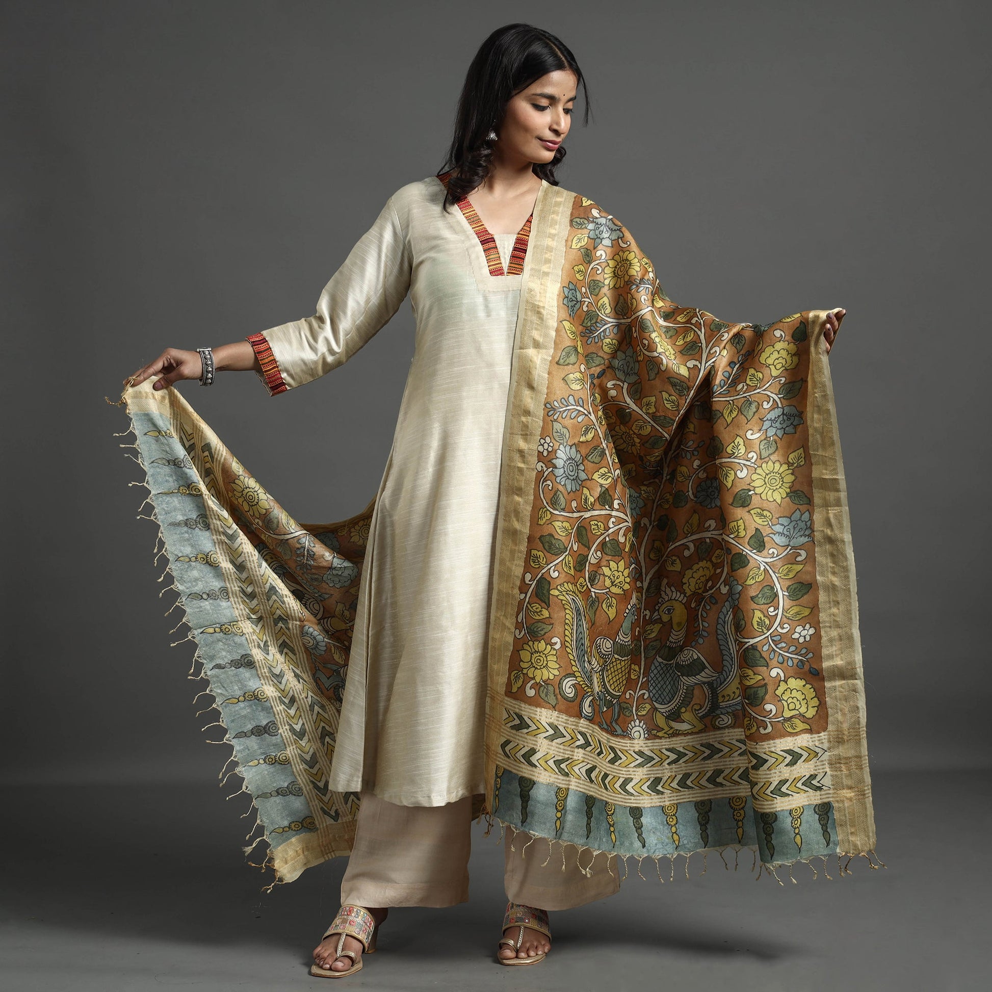 Brown - Pure Tussar Silk Pen Work Srikalahasti Kalamkari Dupatta with Dobby Border