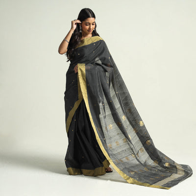 Black - Traditional Chanderi Silk Handloom Saree with Zari Border & Buta