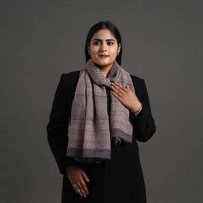 Brown - Bagh Hand Block Printed Merino Woollen Stole 44