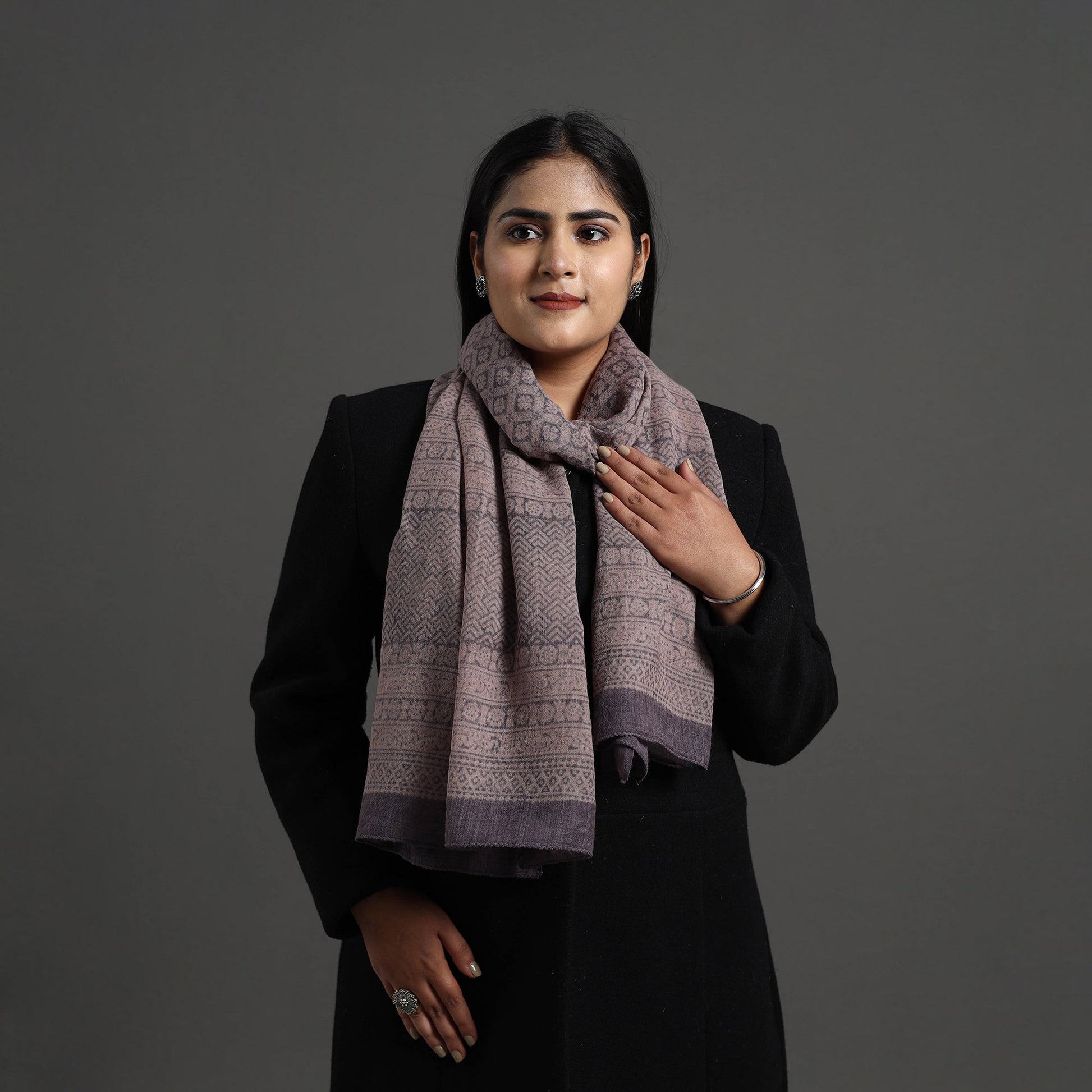 Brown - Bagh Hand Block Printed Merino Woollen Stole 44