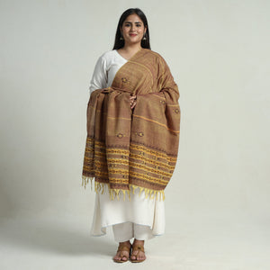 Brown - Bengal Kantha Embroidery Khes Handwoven Cotton Dupatta with Tassels 135