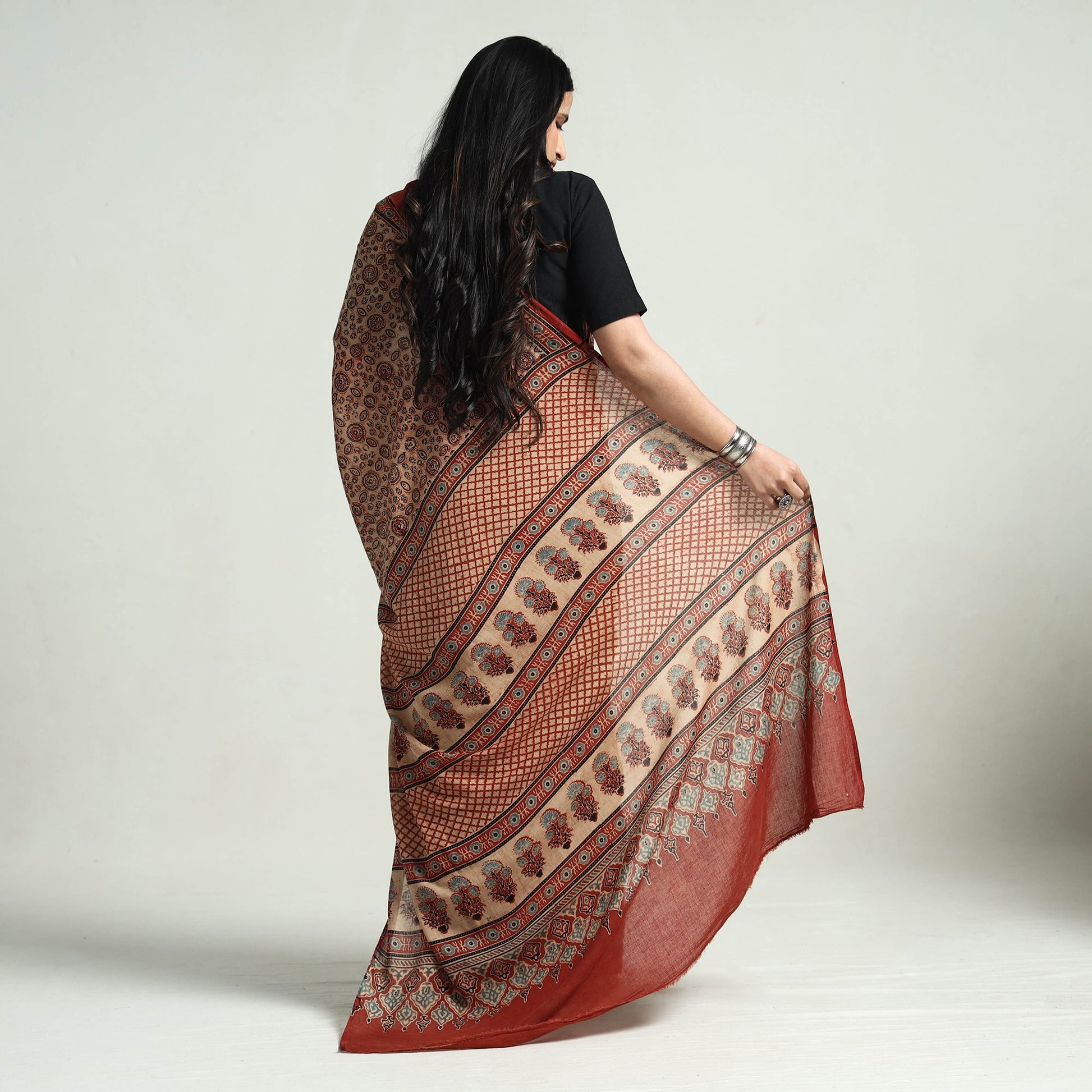 Brown - Block Printed Mul Cotton Ajrakh Saree