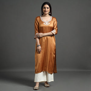 Brown Modal Silk Hand Embroidered Long Straight Kurta