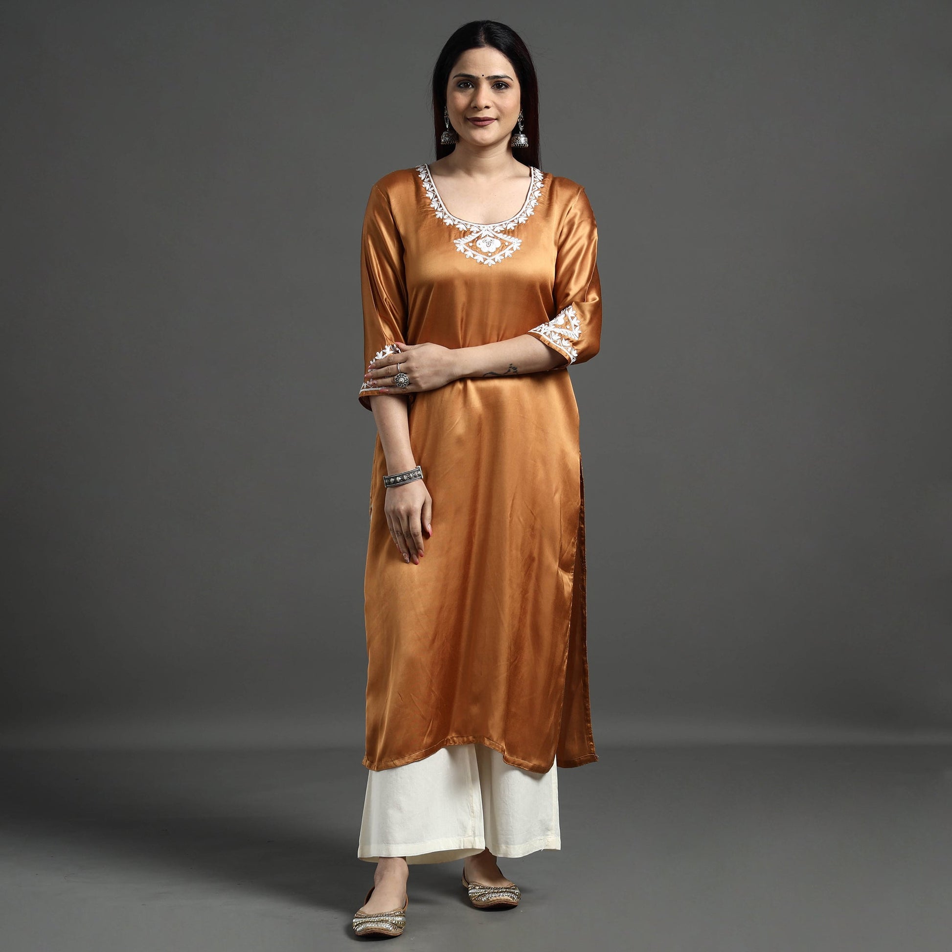Brown Modal Silk Hand Embroidered Long Straight Kurta